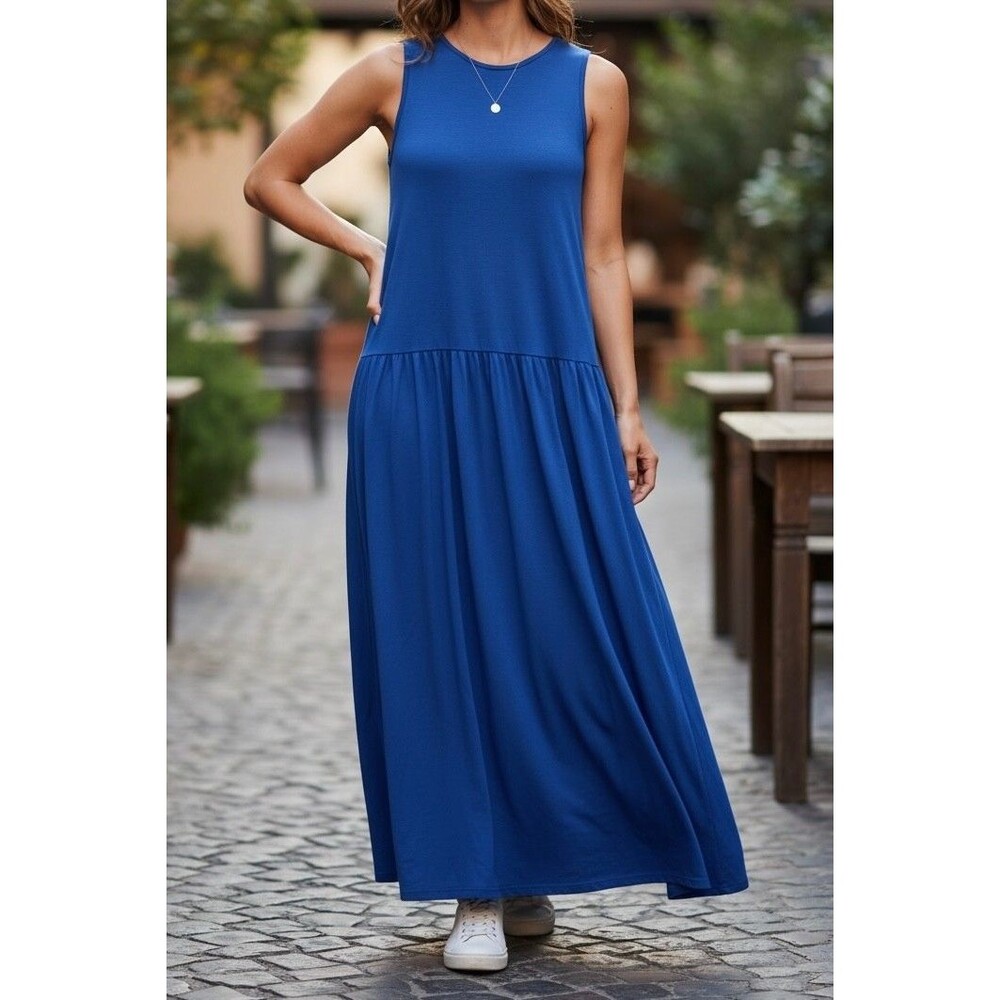 Anthropologie Daily Practice L Jersey Tank Maxi Dress Drop Waist Sapphire Blue